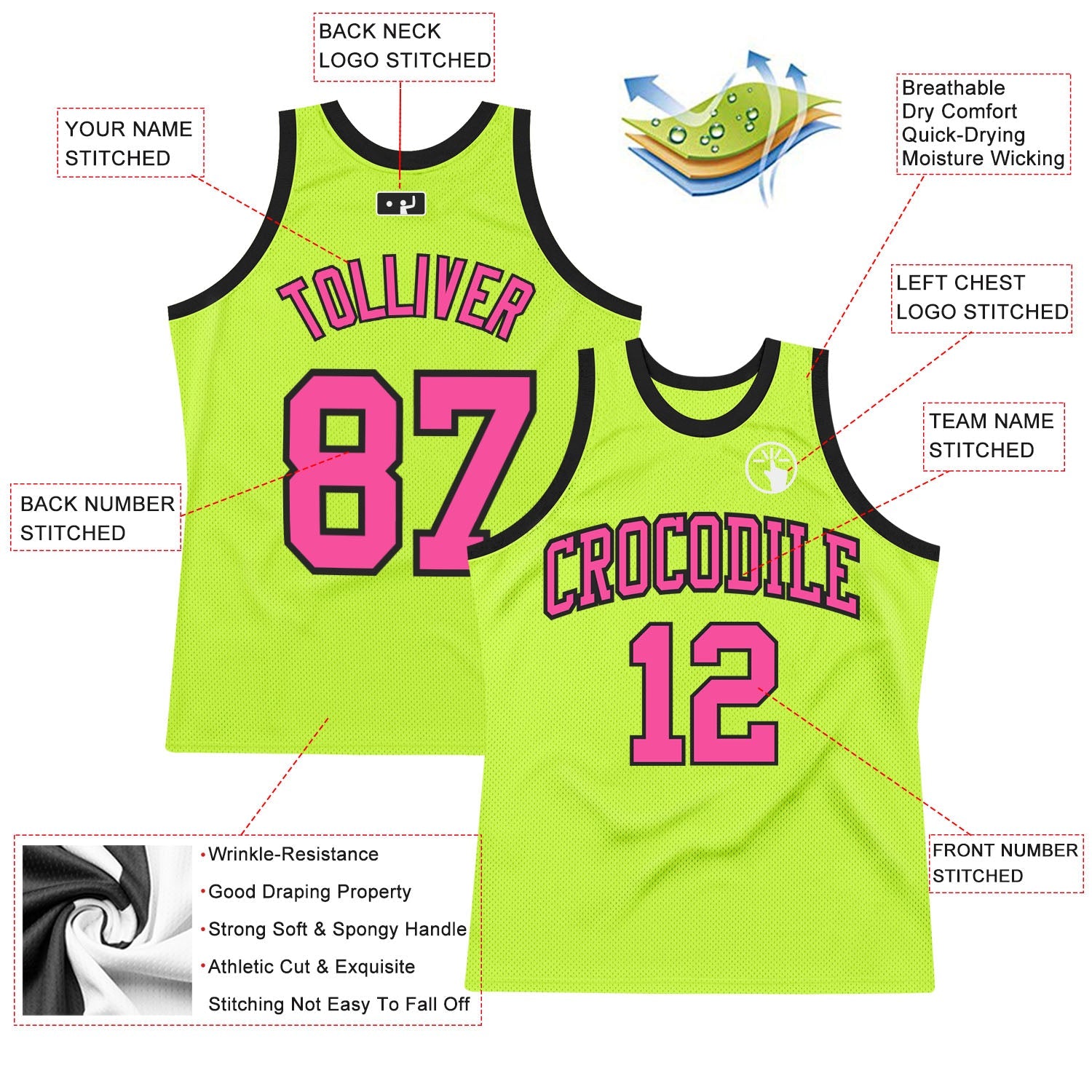 Custom Neon Green Pink-Black Authentic Throwback Basketball Jersey - Sky-Custom