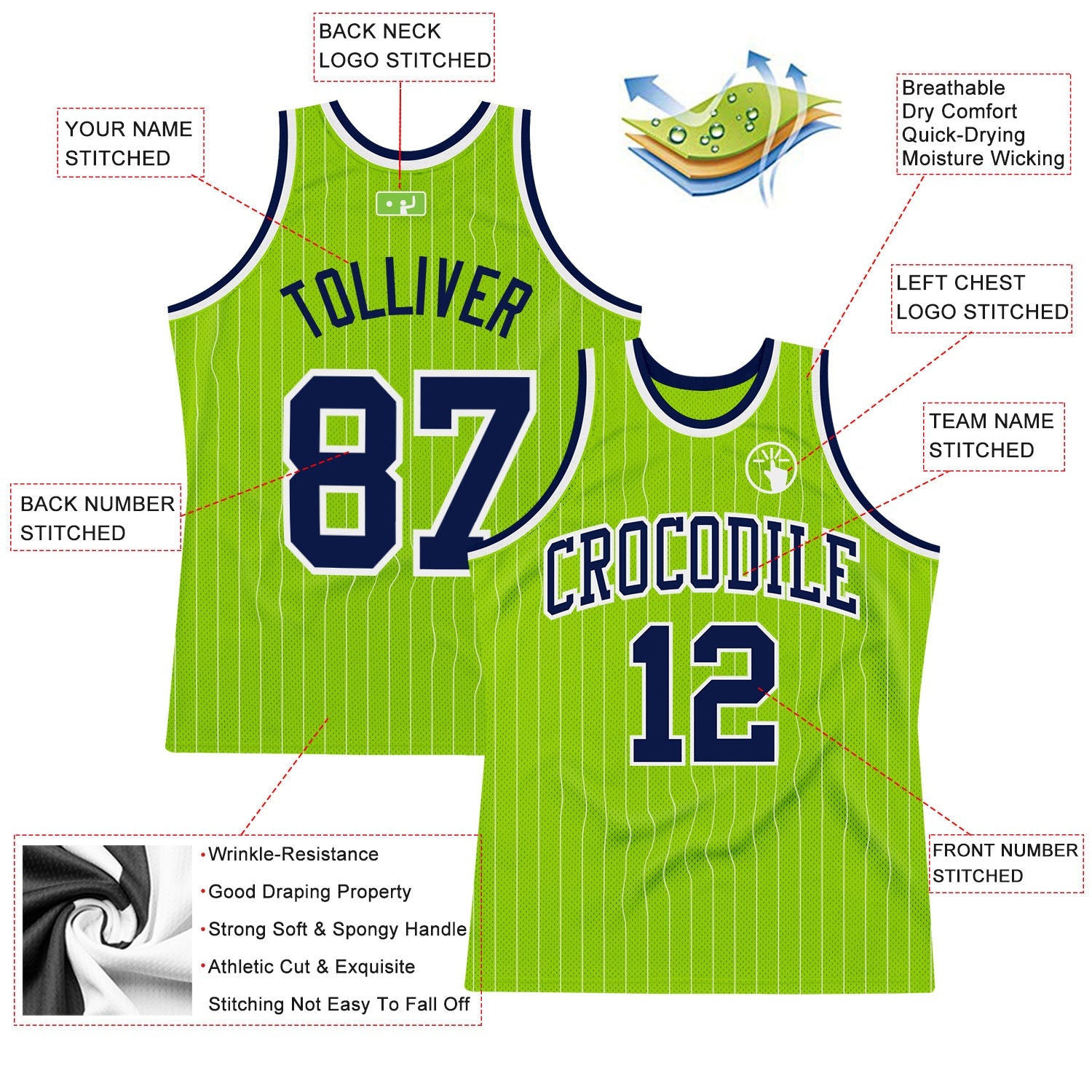 Custom Neon Green White Pinstripe Navy-White Authentic Basketball Jersey - Sky-Custom