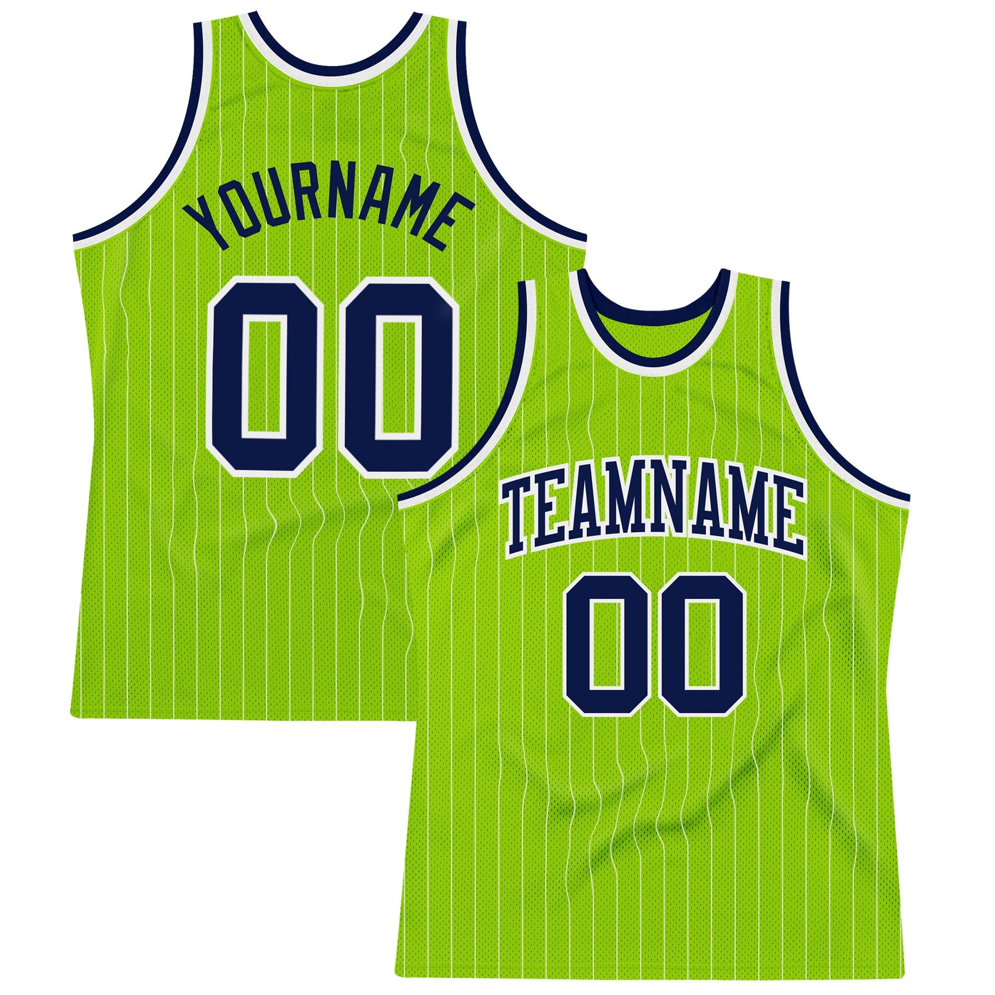 Custom Neon Green White Pinstripe Navy-White Authentic Basketball Jersey - Sky-Custom