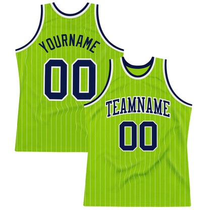Custom Neon Green White Pinstripe Navy-White Authentic Basketball Jersey - Sky-Custom