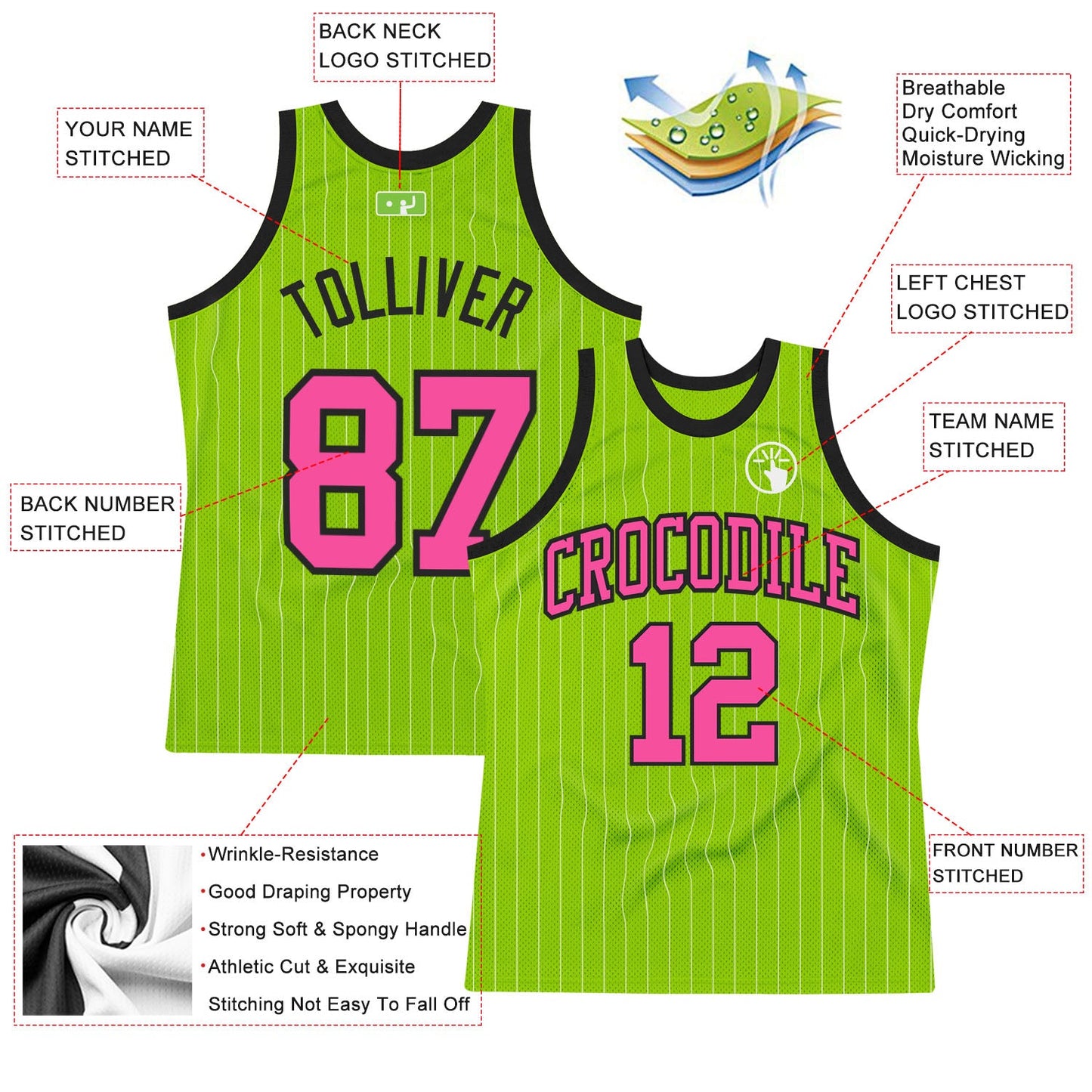 Custom Neon Green White Pinstripe Pink-Black Authentic Basketball Jersey - Sky-Custom