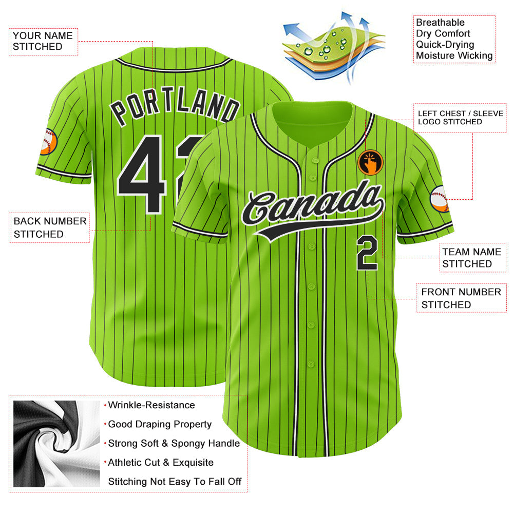Custom Neon Green Black Pinstripe Black-White Authentic Baseball Jersey - Sky-Custom