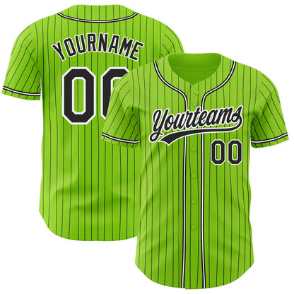 Custom Neon Green Black Pinstripe Black-White Authentic Baseball Jersey - Sky-Custom