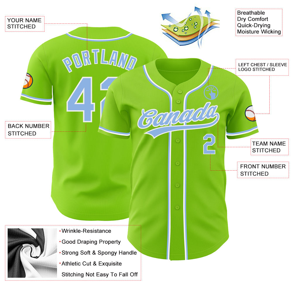 Custom Neon Green Light Blue-White Authentic Baseball Jersey - Sky-Custom