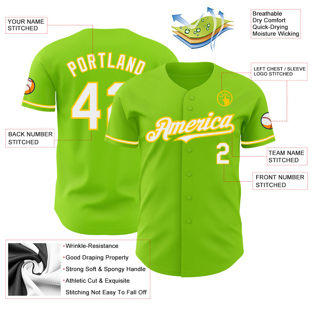 Custom Neon Green White-Yellow Authentic Baseball Jersey - Sky-Custom