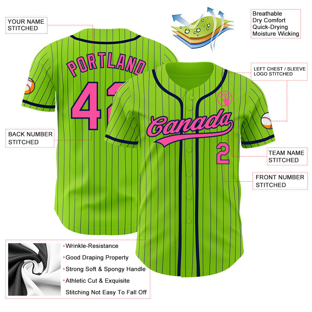 Custom Neon Green Navy Pinstripe Pink Authentic Baseball Jersey - Sky-Custom