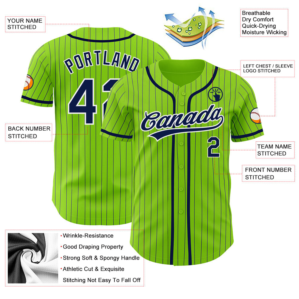 Custom Neon Green Navy Pinstripe White Authentic Baseball Jersey - Sky-Custom
