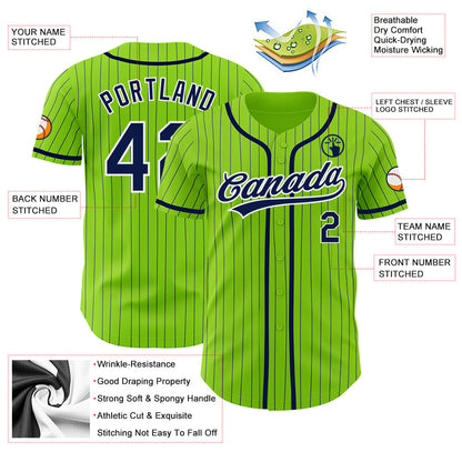 Custom Neon Green Navy Pinstripe White Authentic Baseball Jersey - Sky-Custom