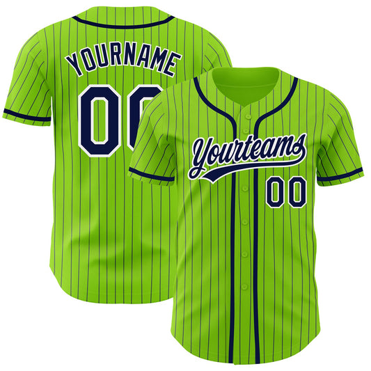 Custom Neon Green Navy Pinstripe White Authentic Baseball Jersey - Sky-Custom