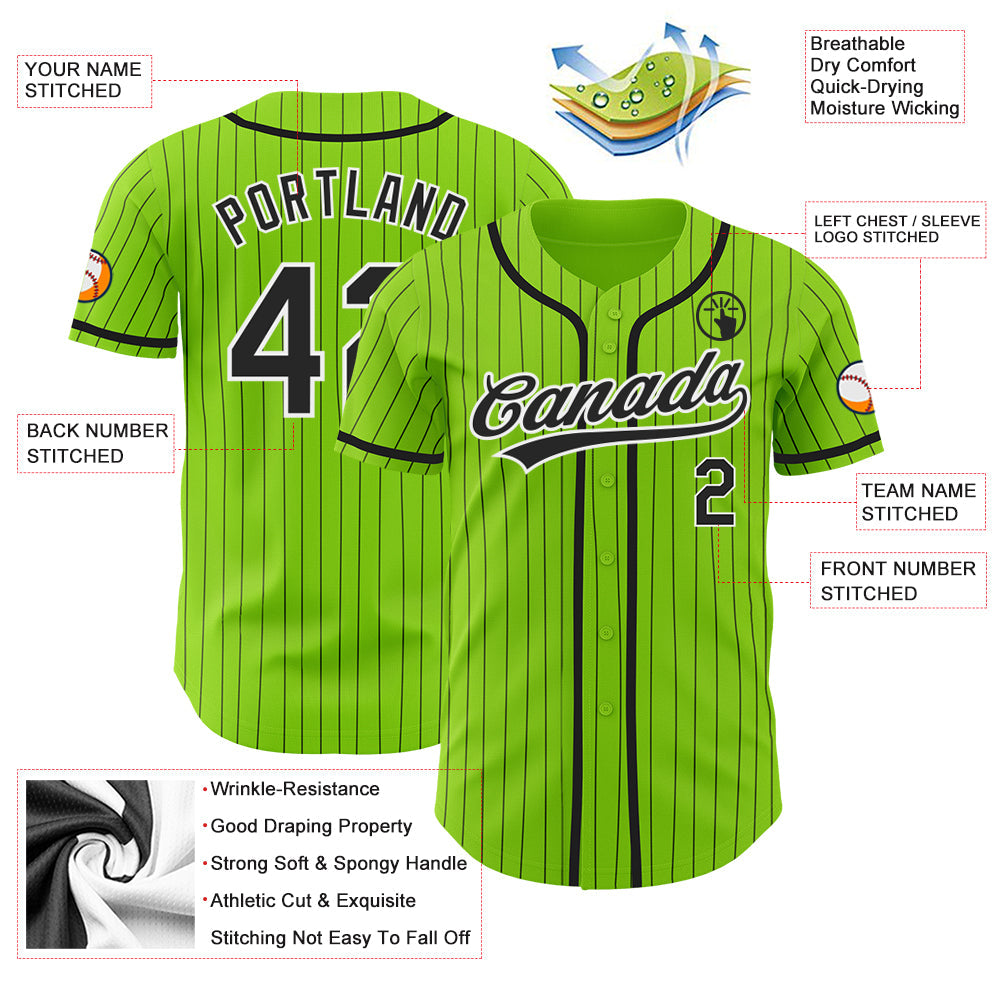 Custom Neon Green Black Pinstripe White Authentic Baseball Jersey - Sky-Custom
