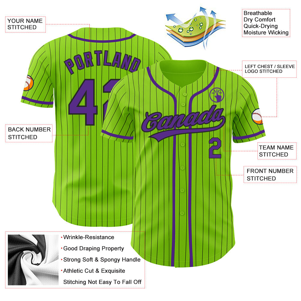 Custom Neon Green Black Pinstripe Purple Authentic Baseball Jersey - Sky-Custom