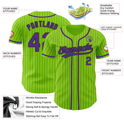 Custom Neon Green Black Pinstripe Purple Authentic Baseball Jersey - Sky-Custom