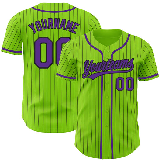 Custom Neon Green Black Pinstripe Purple Authentic Baseball Jersey - Sky-Custom