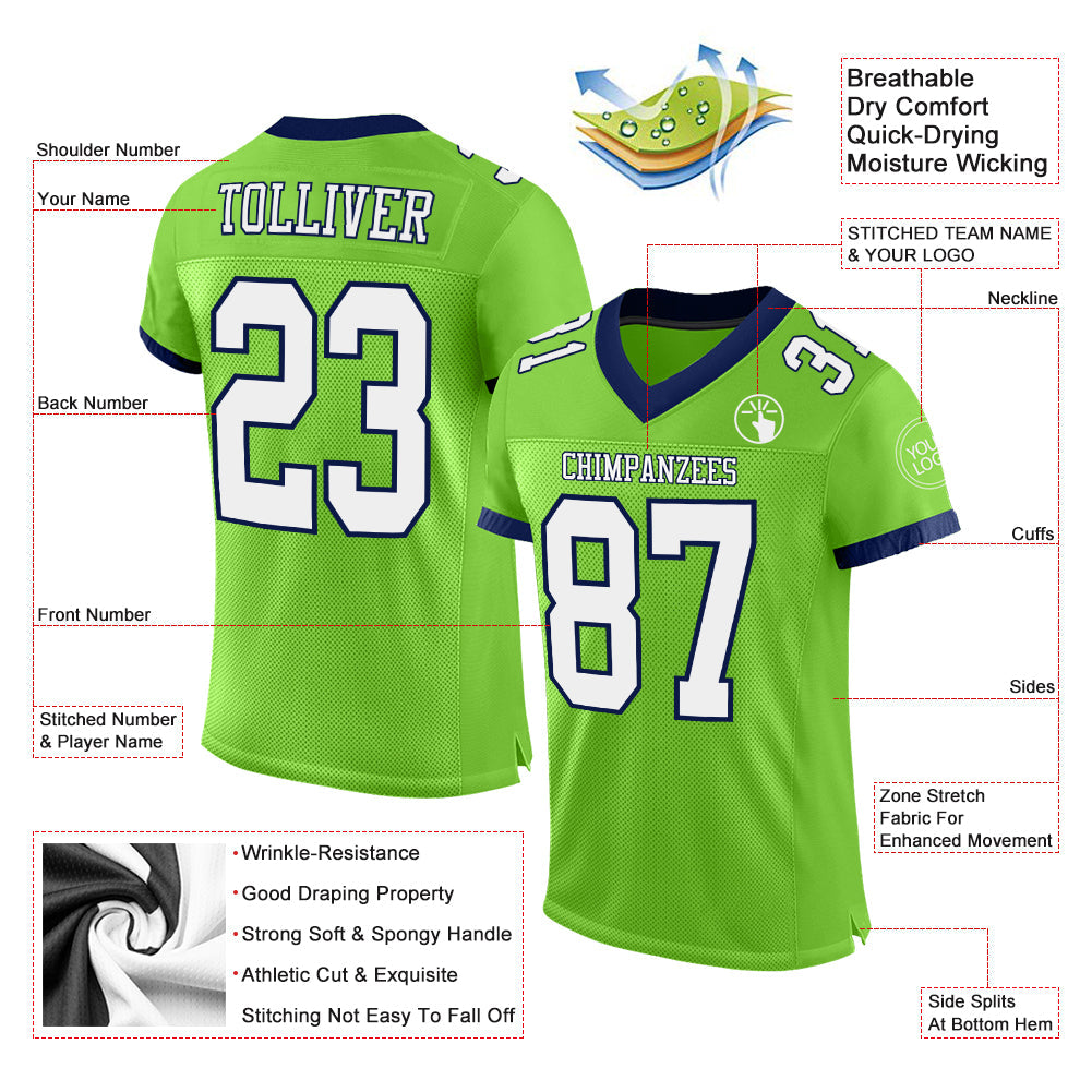 Custom Neon Green White-Navy Mesh Authentic Football Jersey - Sky-Custom