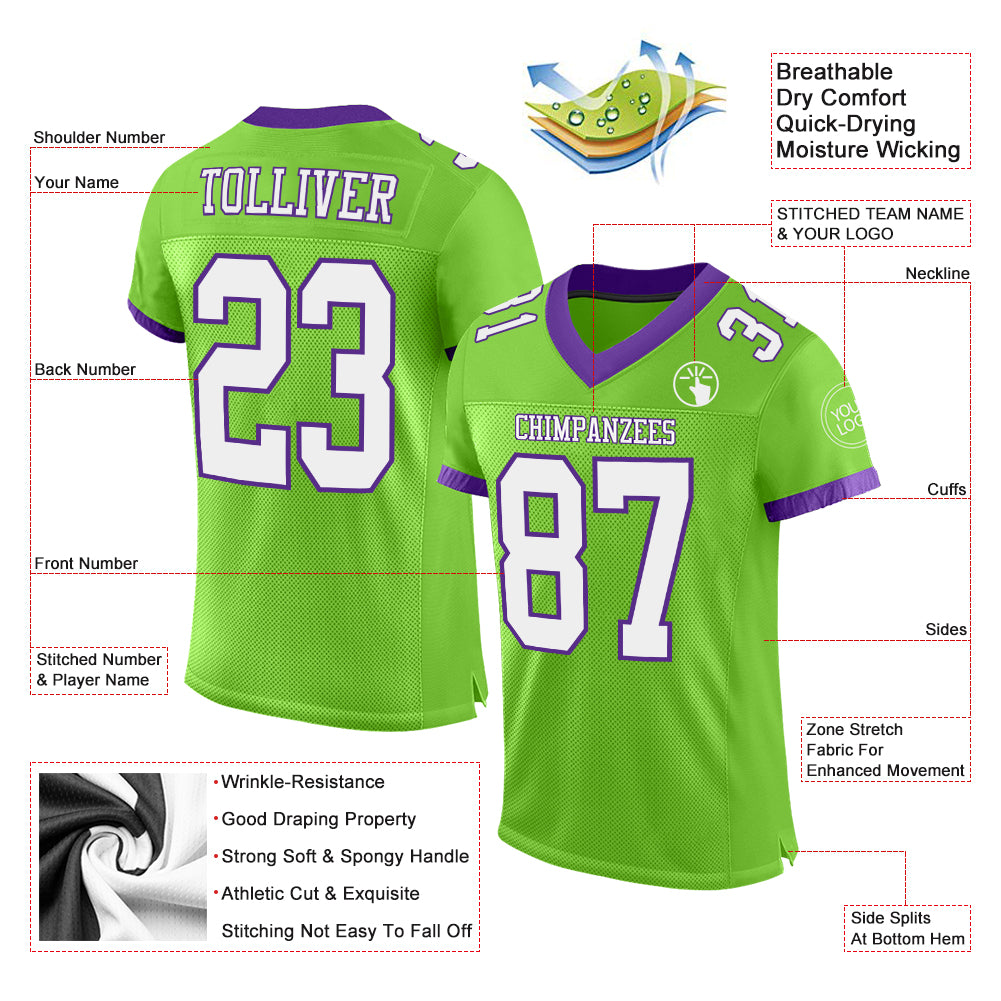 Custom Neon Green White-Purple Mesh Authentic Football Jersey - Sky-Custom
