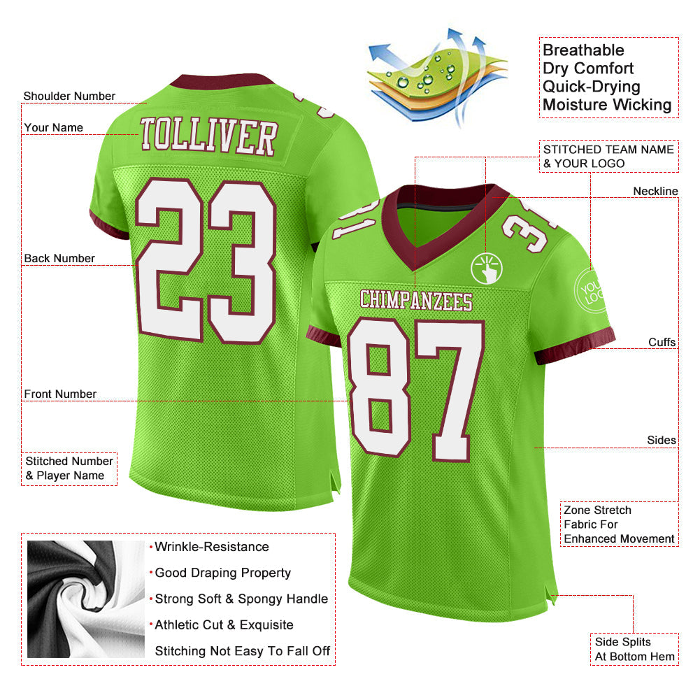 Custom Neon Green White-Burgundy Mesh Authentic Football Jersey - Sky-Custom