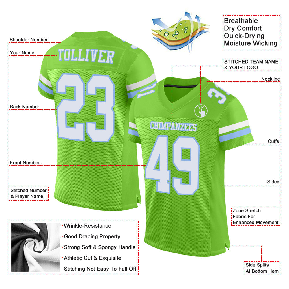 Custom Neon Green White-Light Blue Mesh Authentic Football Jersey - Sky-Custom