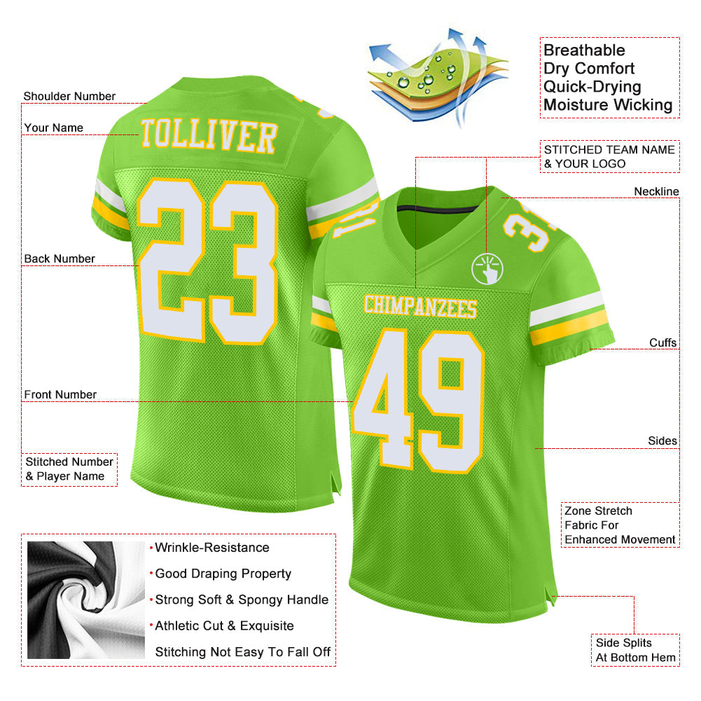 Custom Neon Green White-Yellow Mesh Authentic Football Jersey - Sky-Custom
