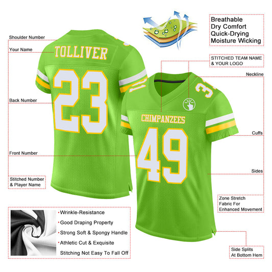 Custom Neon Green White-Yellow Mesh Authentic Football Jersey - Sky-Custom