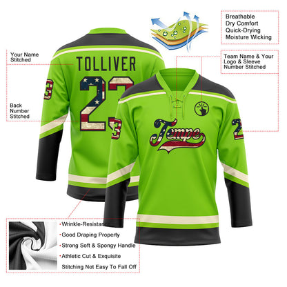 Custom Neon Green Vintage USA Flag Black-Cream Hockey Lace Neck Jersey - Sky-Custom