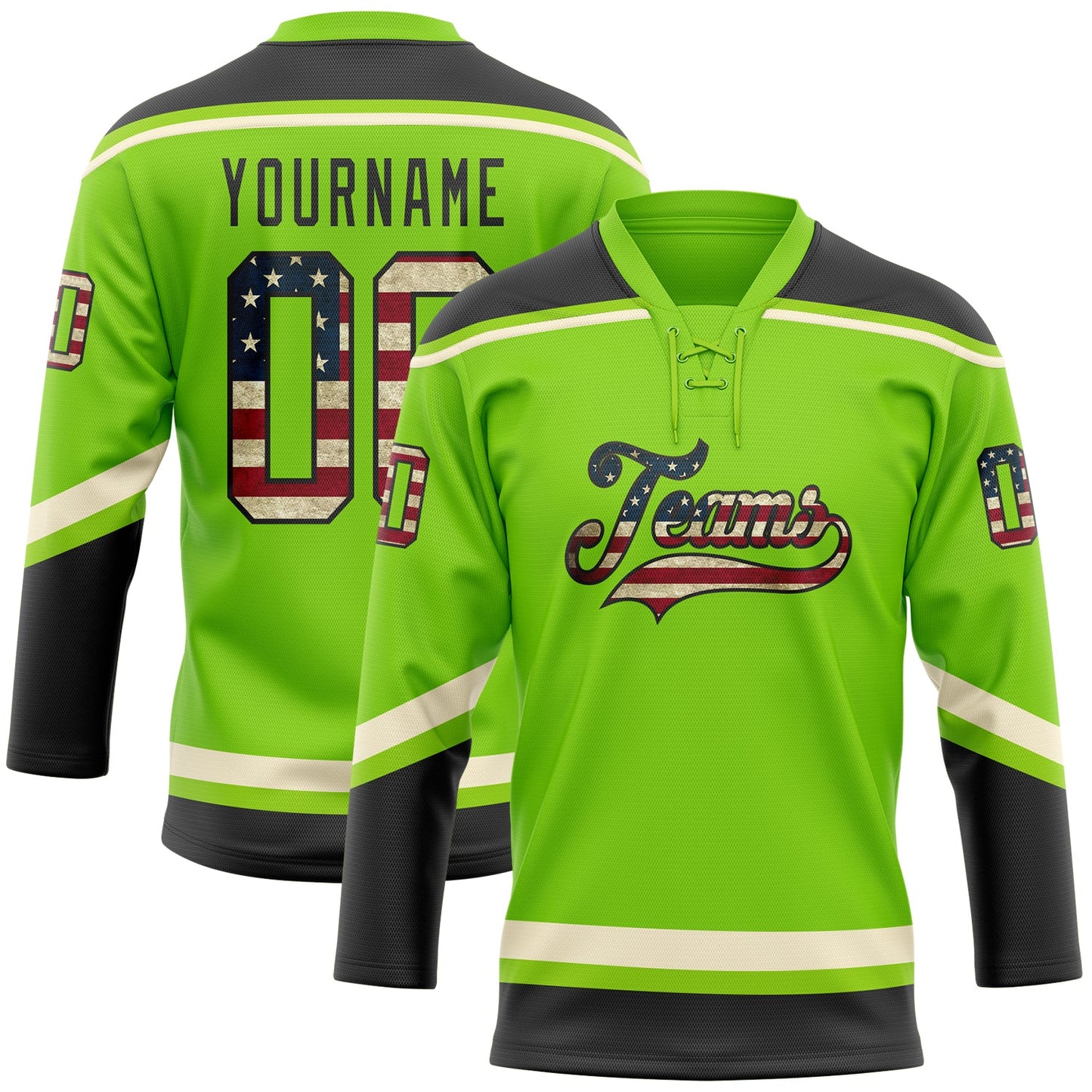 Custom Neon Green Vintage USA Flag Black-Cream Hockey Lace Neck Jersey - Sky-Custom