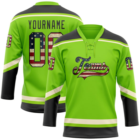 Custom Neon Green Vintage USA Flag Black-Cream Hockey Lace Neck Jersey - Sky-Custom