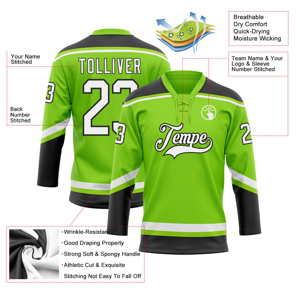 Custom Neon Green White-Black Hockey Lace Neck Jersey - Sky-Custom