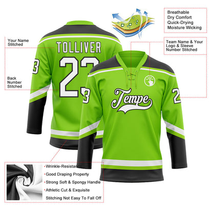 Custom Neon Green White-Black Hockey Lace Neck Jersey - Sky-Custom