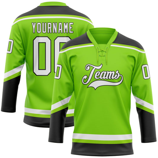 Custom Neon Green White-Black Hockey Lace Neck Jersey - Sky-Custom