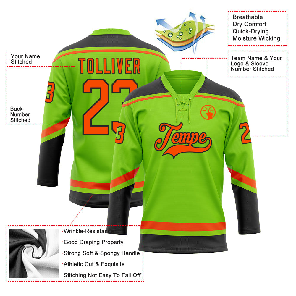 Custom Neon Green Orange-Black Hockey Lace Neck Jersey - Sky-Custom