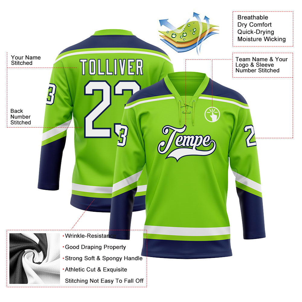 Custom Neon Green White-Navy Hockey Lace Neck Jersey - Sky-Custom