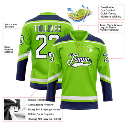 Custom Neon Green White-Navy Hockey Lace Neck Jersey - Sky-Custom
