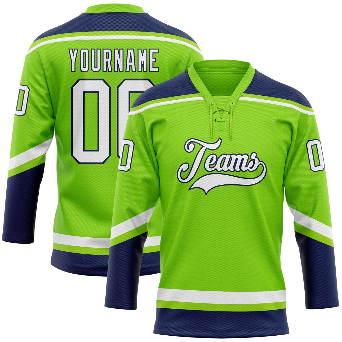 Custom Neon Green White-Navy Hockey Lace Neck Jersey - Sky-Custom
