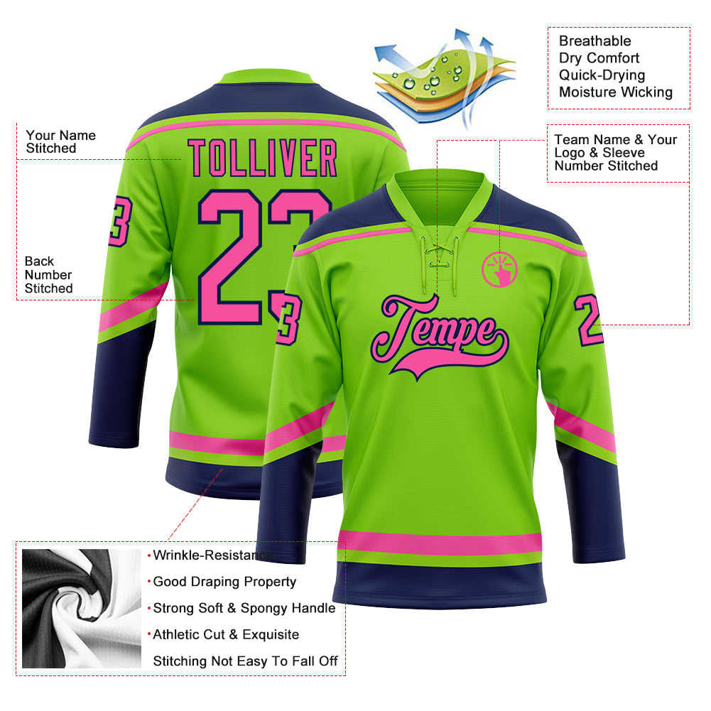 Custom Neon Green Pink-Navy Hockey Lace Neck Jersey - Sky-Custom