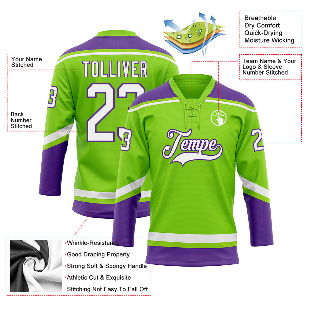 Custom Neon Green White-Purple Hockey Lace Neck Jersey - Sky-Custom
