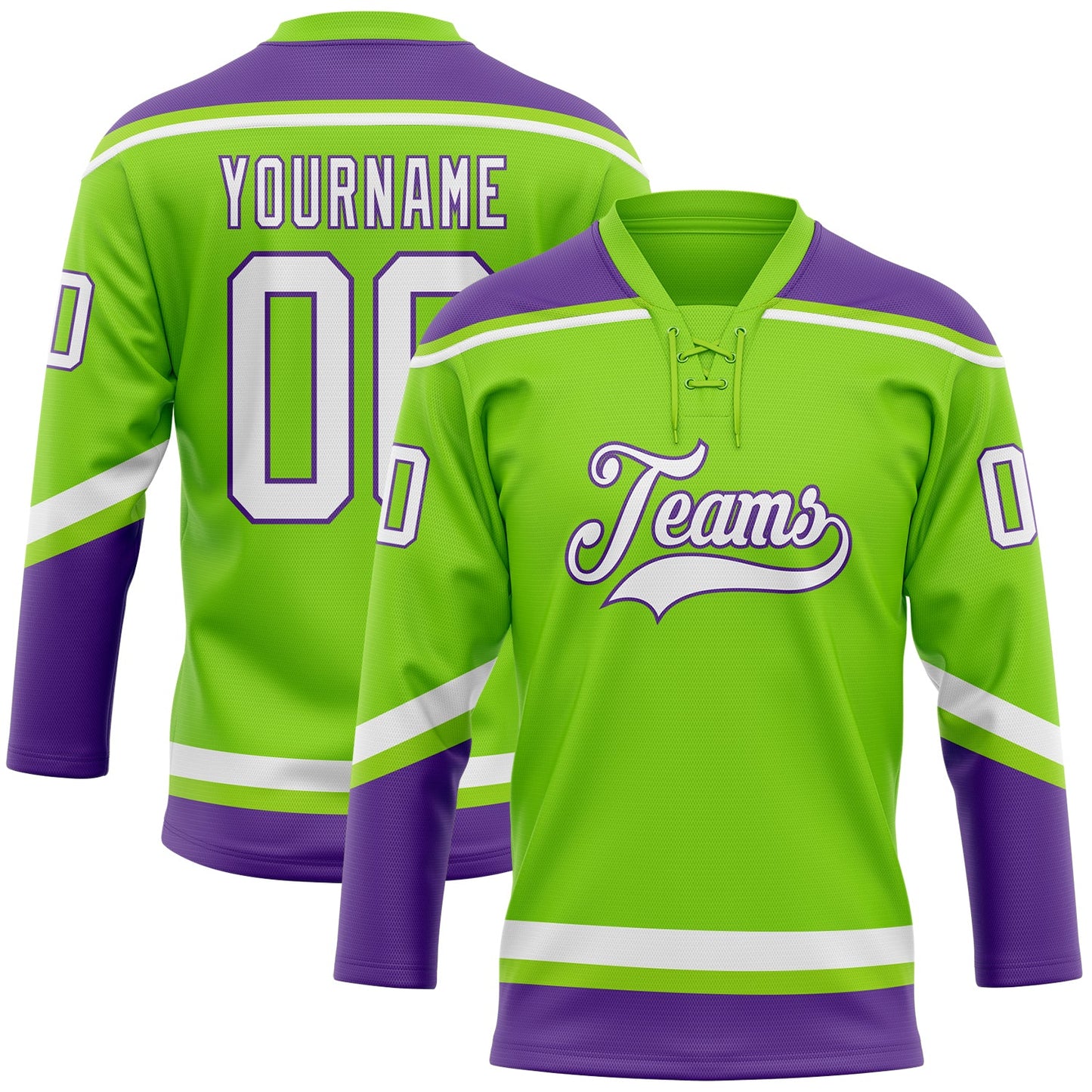 Custom Neon Green White-Purple Hockey Lace Neck Jersey - Sky-Custom