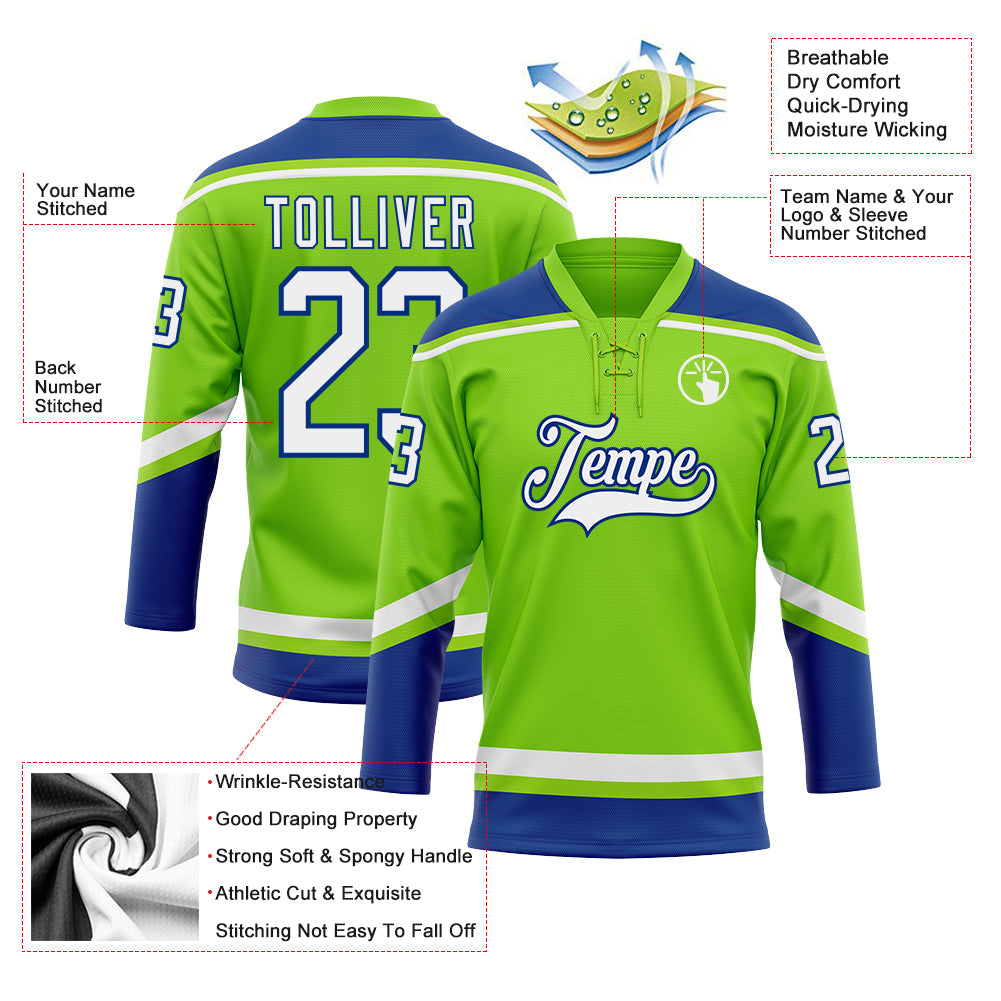 Custom Neon Green White-Royal Hockey Lace Neck Jersey - Sky-Custom