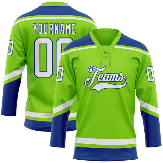 Custom Neon Green White-Royal Hockey Lace Neck Jersey - Sky-Custom