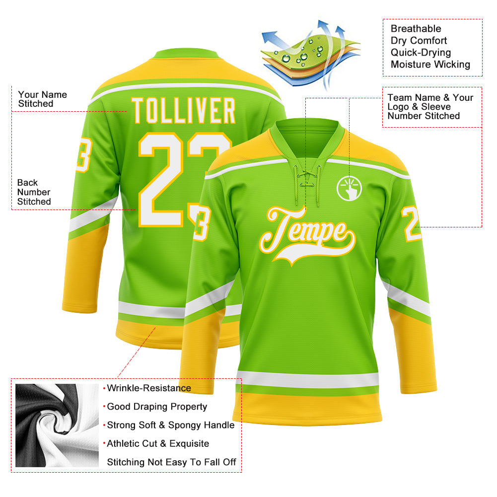 Custom Neon Green White-Yellow Hockey Lace Neck Jersey - Sky-Custom
