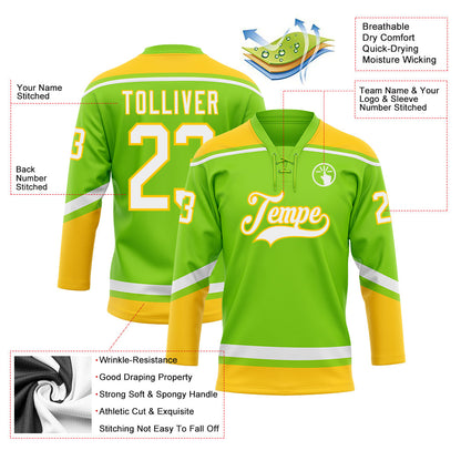 Custom Neon Green White-Yellow Hockey Lace Neck Jersey - Sky-Custom