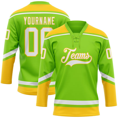 Custom Neon Green White-Yellow Hockey Lace Neck Jersey - Sky-Custom