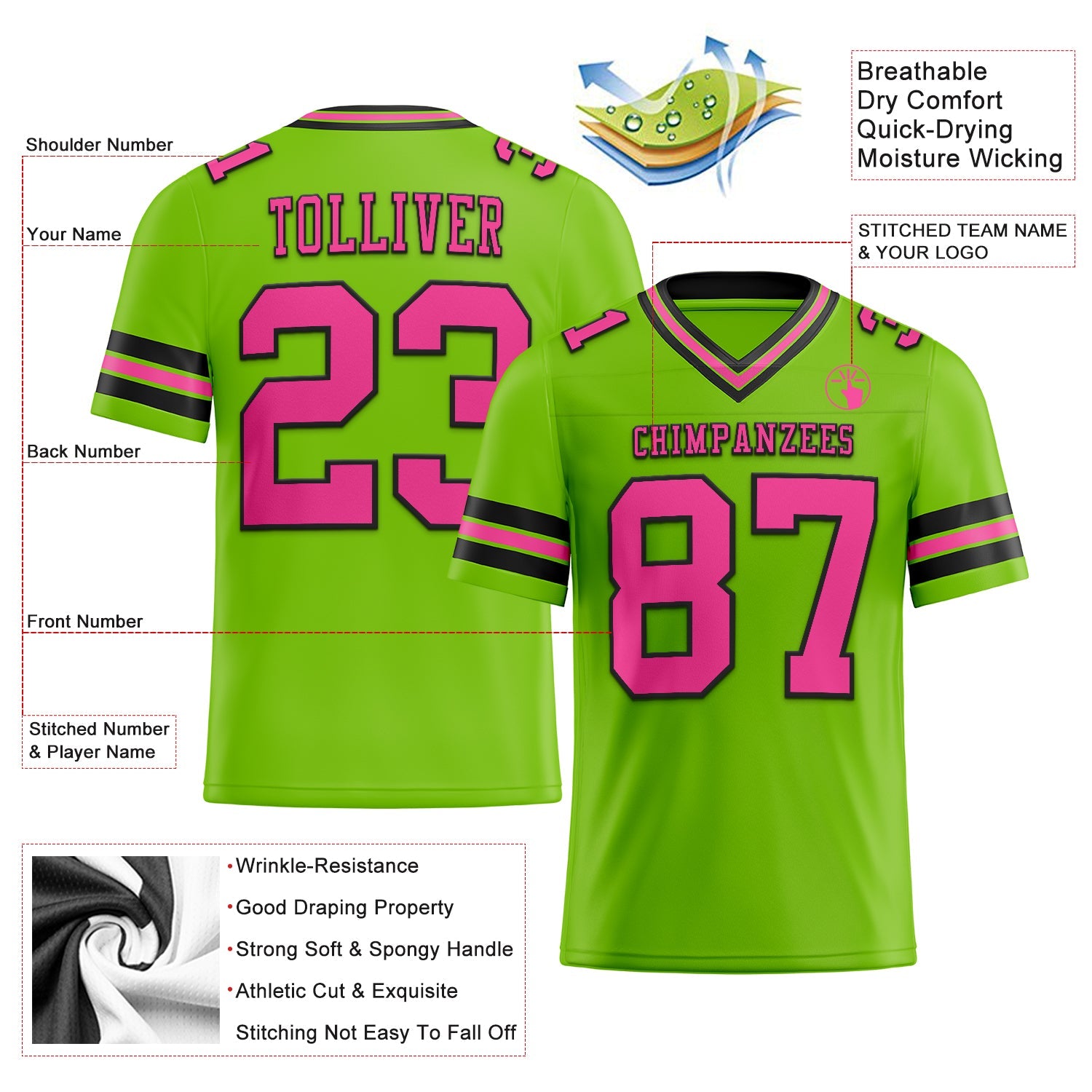 Custom Neon Green Pink-Black Mesh Authentic Football Jersey - Sky-Custom