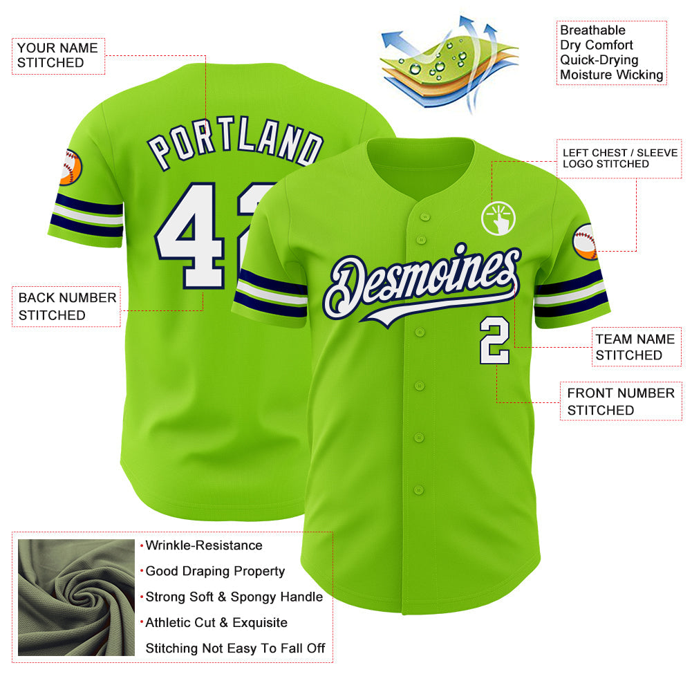 Custom Neon Green White-Navy Authentic Baseball Jersey - Sky-Custom