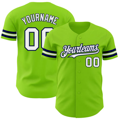 Custom Neon Green White-Navy Authentic Baseball Jersey - Sky-Custom