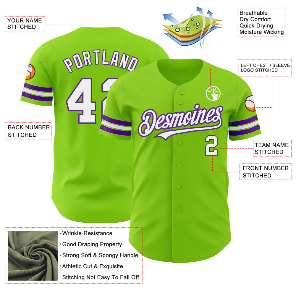 Custom Neon Green White-Purple Authentic Baseball Jersey - Sky-Custom