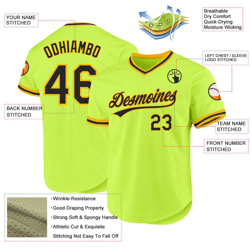 Custom Neon Green Black-Gold Authentic Throwback Baseball Jersey - Sky-Custom