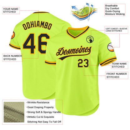 Custom Neon Green Black-Gold Authentic Throwback Baseball Jersey - Sky-Custom