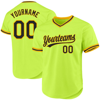 Custom Neon Green Black-Gold Authentic Throwback Baseball Jersey - Sky-Custom