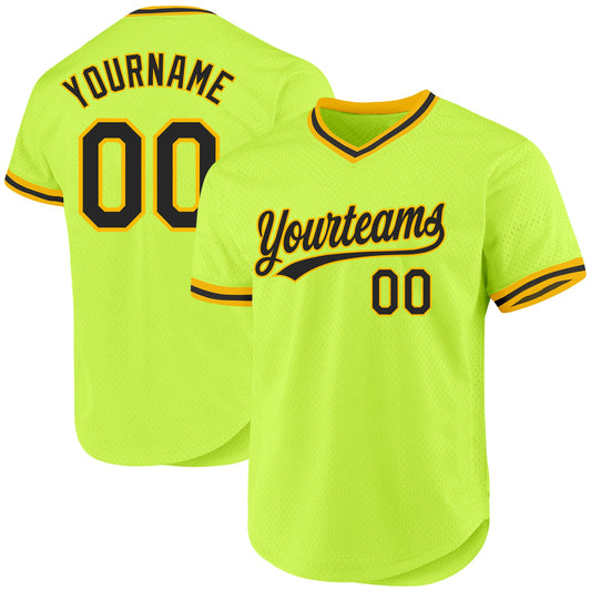 Custom Neon Green Black-Gold Authentic Throwback Baseball Jersey - Sky-Custom