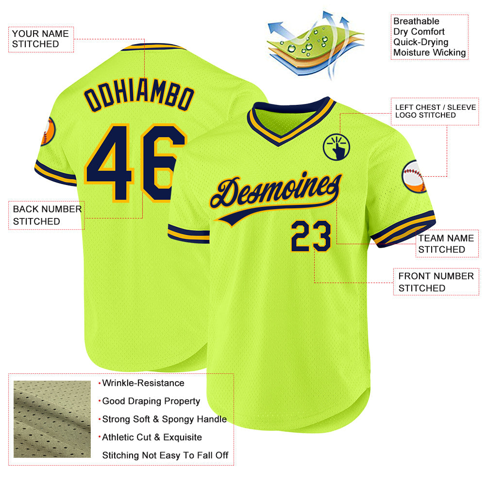 Custom Neon Green Navy-Gold Authentic Throwback Baseball Jersey - Sky-Custom
